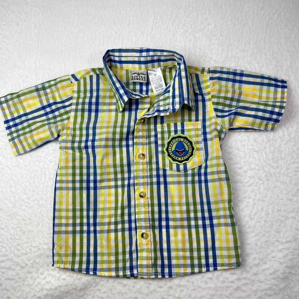 Little Rebels Toddler Plaid Shirt Sz 3T Tropical Ocean Shark Patrol